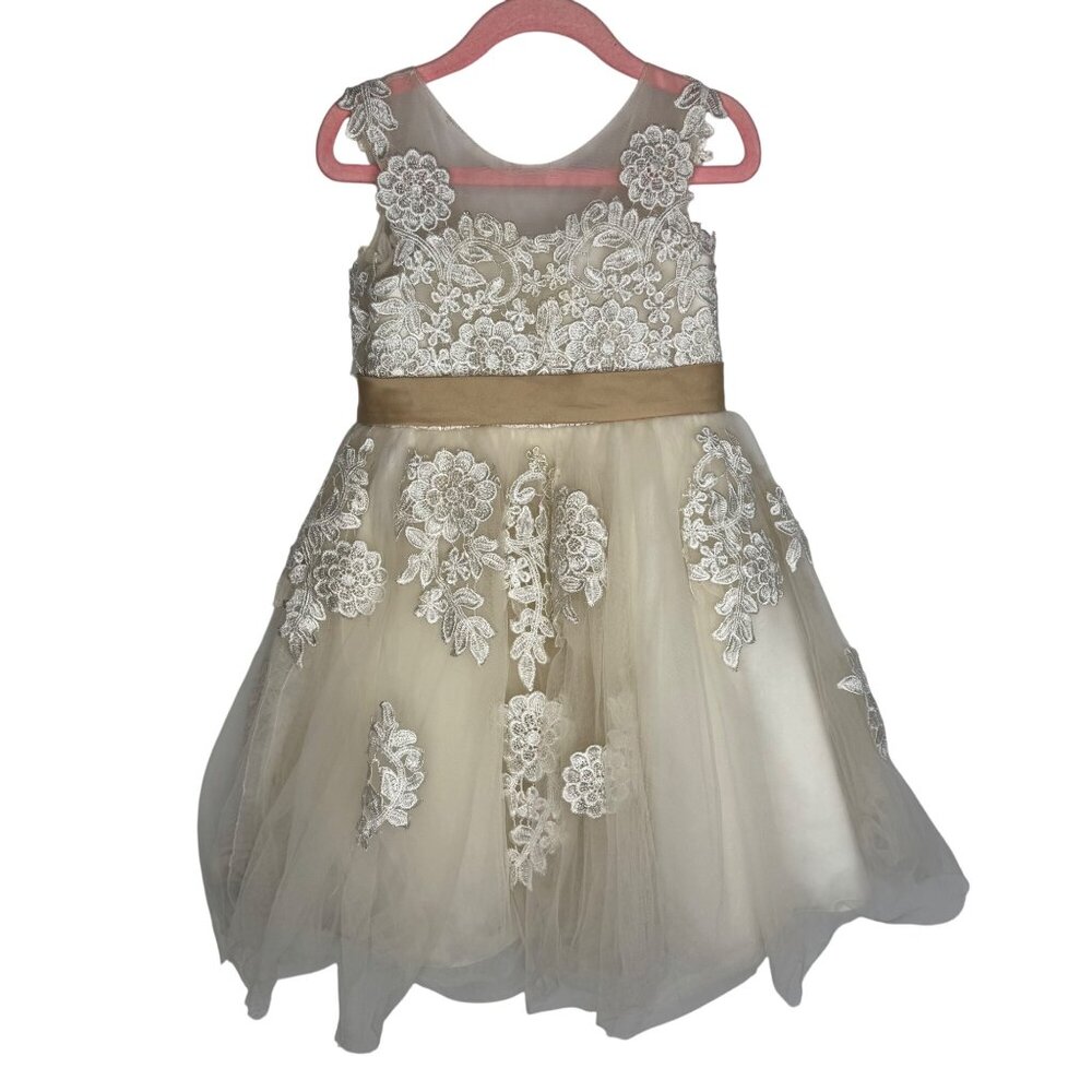 Miama Girls‎ Baptism Dress Tulle Ivory Floral Embroidery With Satin Belt Size 3